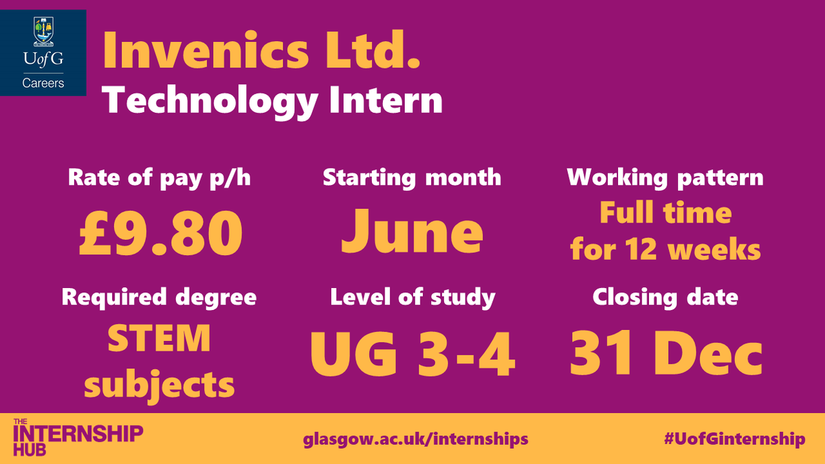 UofGCareers's tweet photo. 🌟NEW #UofGinternship Hub opportunity w/@Invenics1🌟

Invenics is looking for a Technology Intern for summer 2021.

For more information and to apply:
https://t.co/LUnyOosbd3 https://t.co/LxKec1ufnz