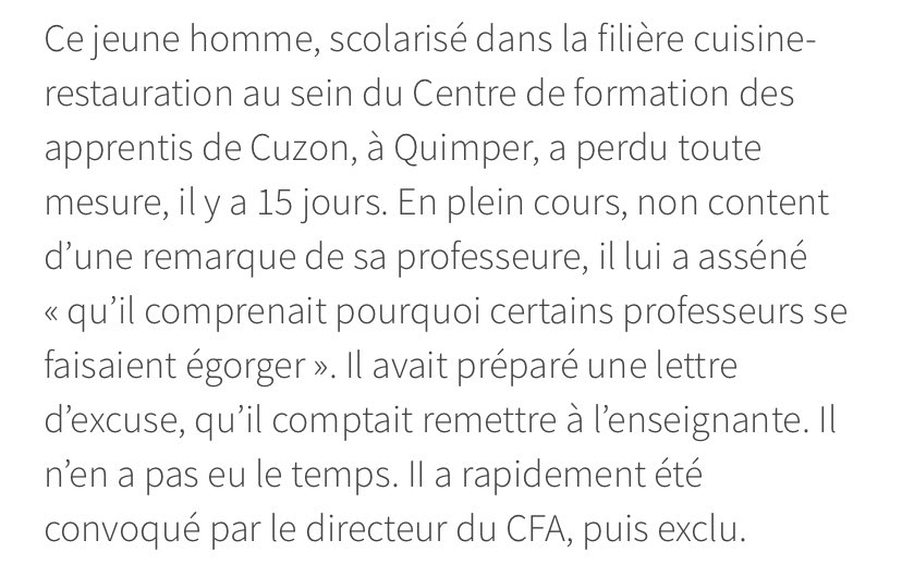 Quimper. Novembre 2020.Un adolescent de 17 ans a été déféré devant un juge des enfants du tribunal de Quimper. Il sera jugé prochainement pour apologie du terrorisme.Lisez la raison ci-dessous. https://www.letelegramme.fr/finistere/quimper/a-quimper-un-ado-presente-devant-la-justice-pour-apologie-du-terrorisme-05-11-2020-12652167.php