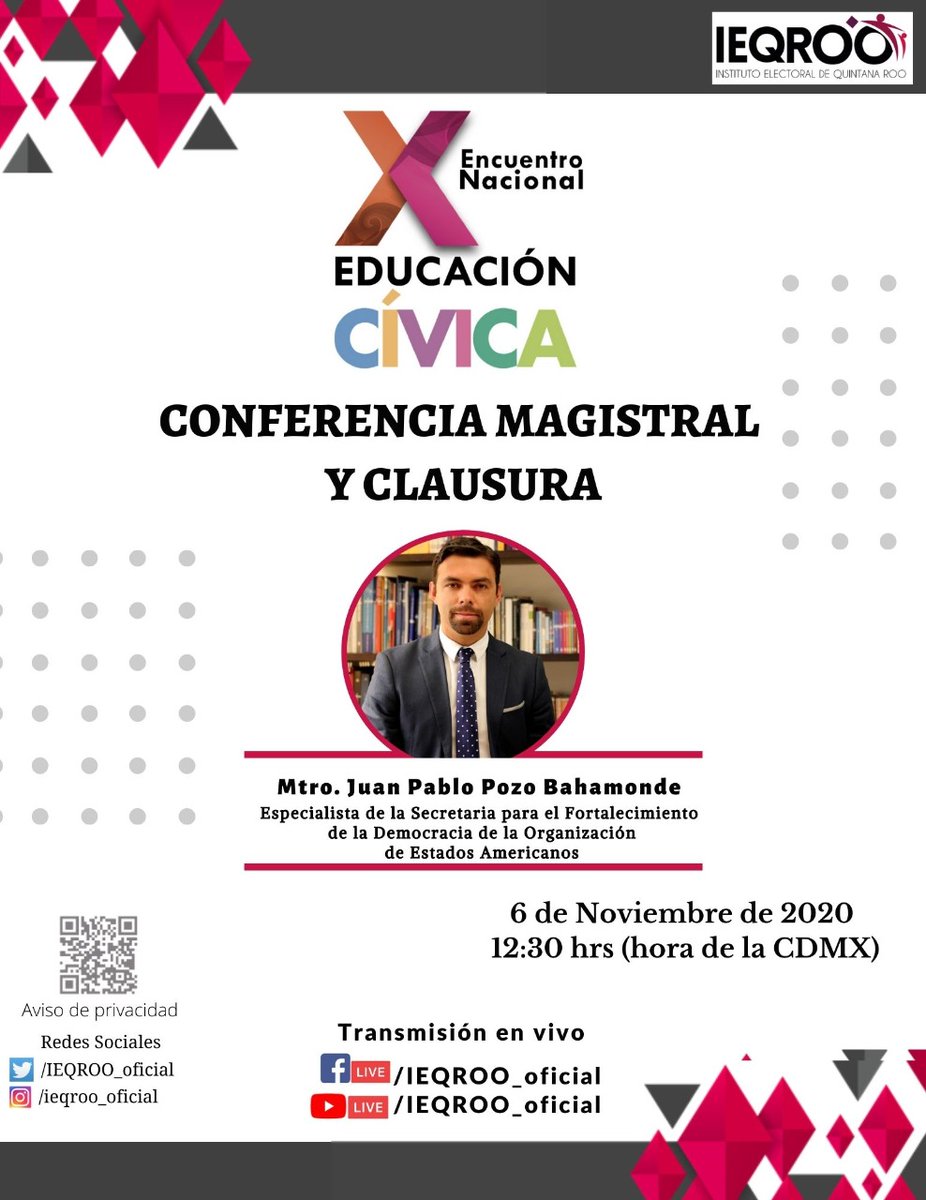 asauri79's tweet photo. Acompáñanos en la Conferencia Magistral de @JuanPabloPozoB Especialista de la Secretaría para el Fortalecimiento de la Democracia de la @OEA_oficial #XENEC #QuintanaRoo @IEQROO_oficial @RedCivicaMx https://t.co/DFx3cGM1H5 https://t.co/7wIyzf5AuN