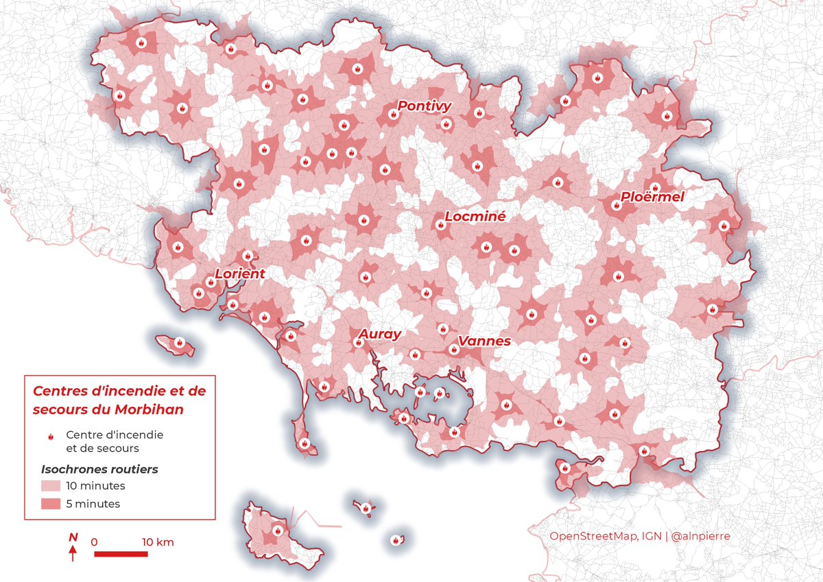 alnpierre's tweet photo. 🚨🚒 Zones d'accessibilité des centres d'incendies du Morbihan.

#30DayMapChallenge Jour 6 - Red 🔴

Données @openstreetmap 📍 https://t.co/afaSvGjMq0