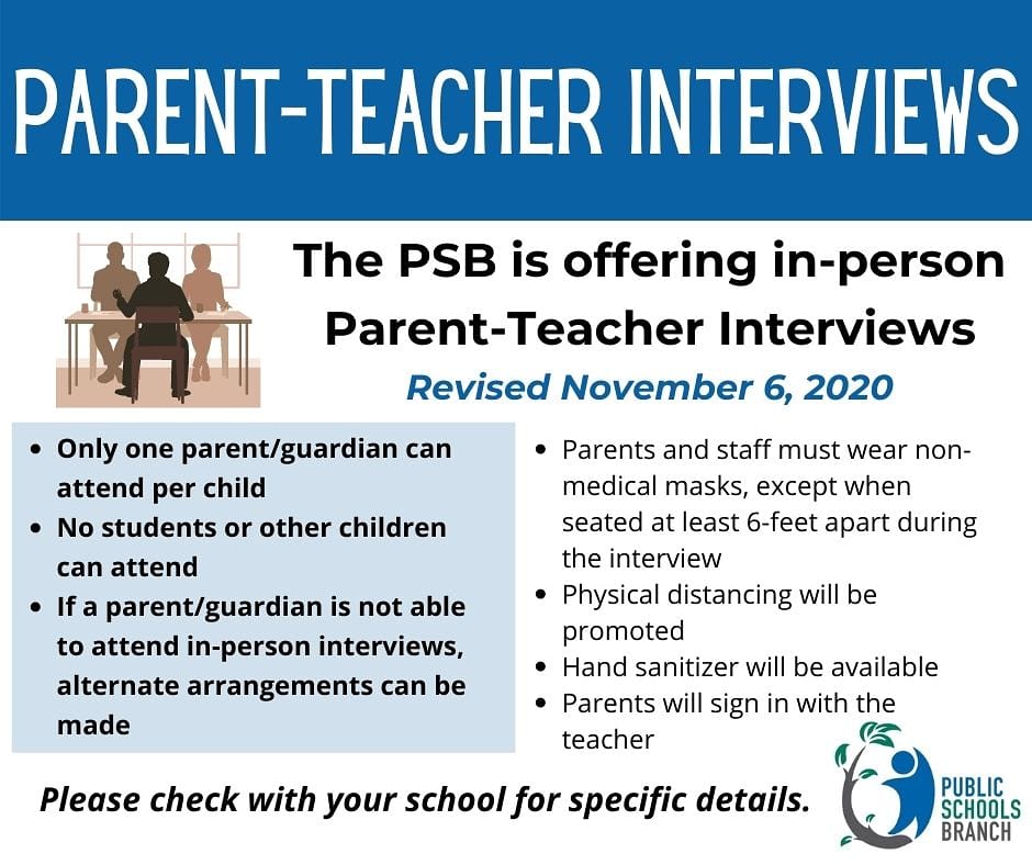 PSBPEI's tweet photo. UPDATE: There are two changes to the guidance for parent-teacher interviews. First, only one parent/guardian may attend. Second, no students or other children may attend.

If a parent/guardian is not able to attend in-person interviews, alternate arrangements can be made. https://t.co/jtArPPHObh