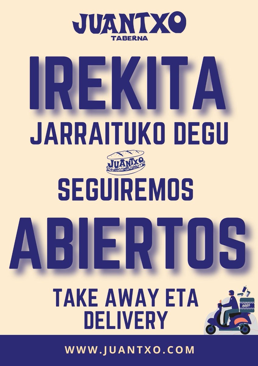 ander_errasti's tweet photo. Donostian bizi bazara eta etxe egonaldi garai hauetan gorputzari plazerrik eman nahi badiozu, ziur Juantxo Tabernak ireki berri duen delivery zerbitzua gustokoa izango duzula!

Bartzelonara (oraindik) iristen ez direlako, bestela jada hemen izango nuke tortila bokailoa prest! 😍 https://t.co/QINotHGU8Y