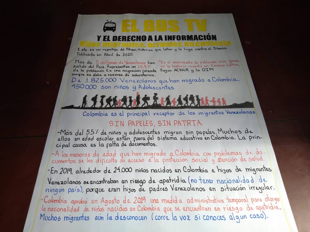 elbusTV's tweet photo. La investigación Hijos migrantes de @historiasqlaten, @LigaNoSilencio y @ElPitazoTV tiene una versión en canción de la banda @anakenamusica.

También tiene sus papelógrafos ilustrados pegados en siete ciudades del país, hechos por los reporteros de #ElBusTV. https://t.co/ftxaOp6GAU