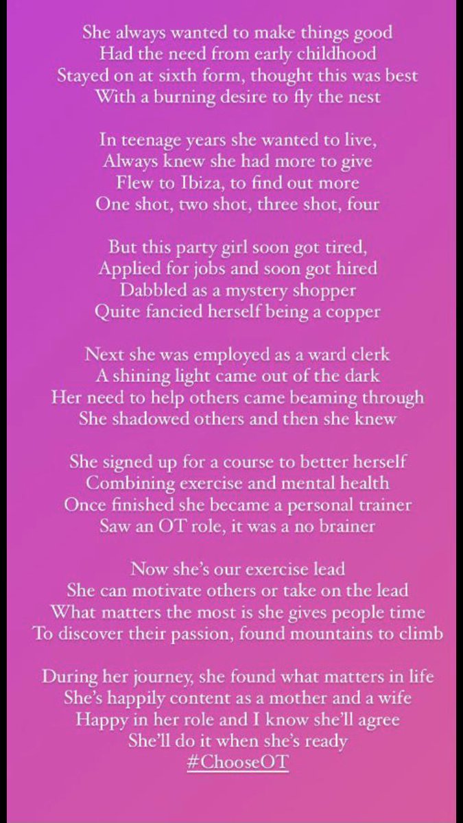 Zoe_Jones91's tweet photo. My journey to becoming and Occupational Therapy Instructor ( Exercise.) Where will my journey take me? Thank you so much @lisaKnott20 for writing this amazing poem. #ChooseOT #occupationaltherapy #mentahealth #otti https://t.co/Nxqe9tzM7t