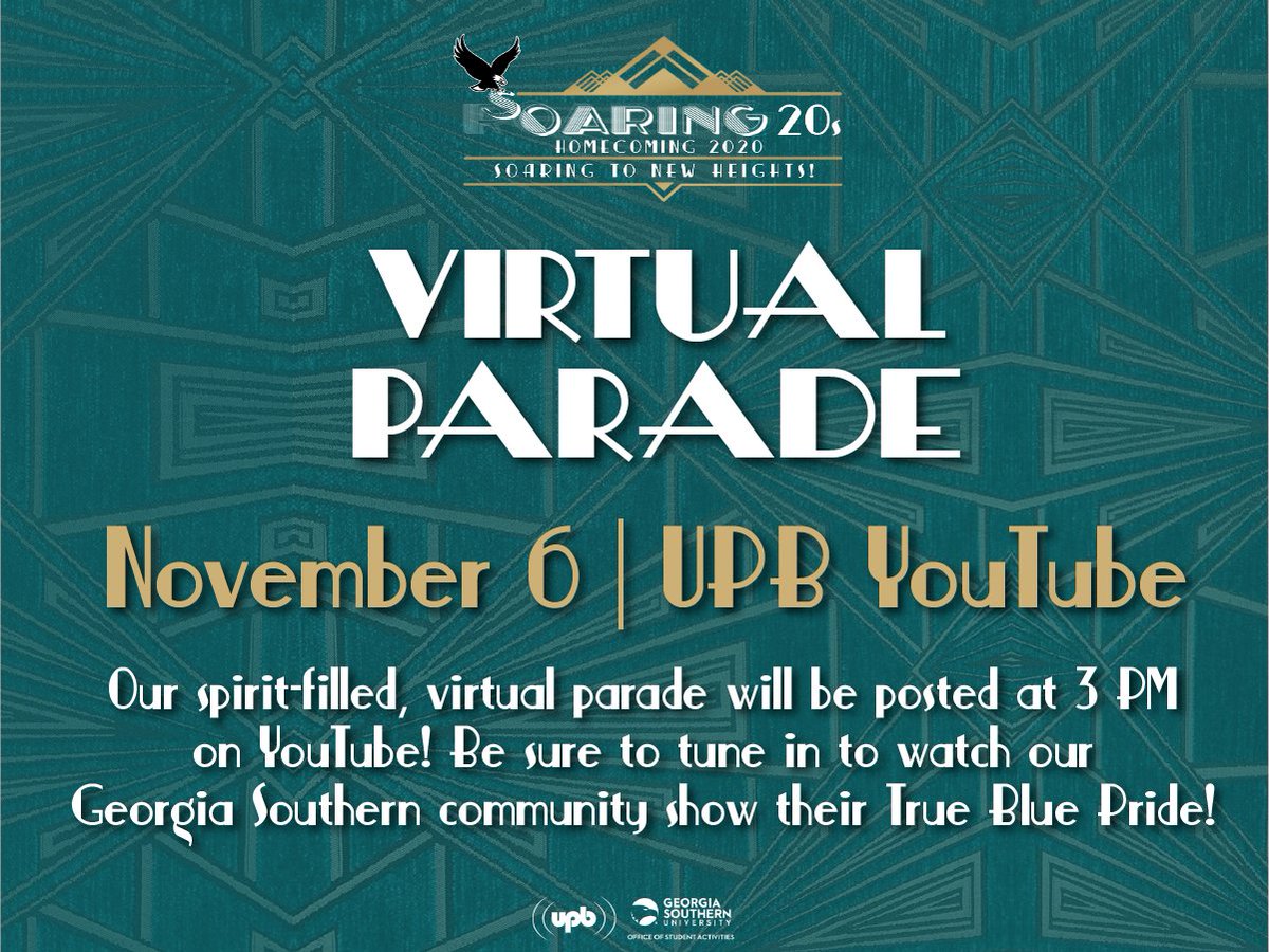 Join us on YouTube at 3 PM for the virtual Homecoming Parade as we soar towards the end of Homecoming 2020! Be sure to tune in to watch our Georgia Southern community show their True Blue Pride! youtu.be/3gOOQrIqn_E
#Soaring20s #ItsUp