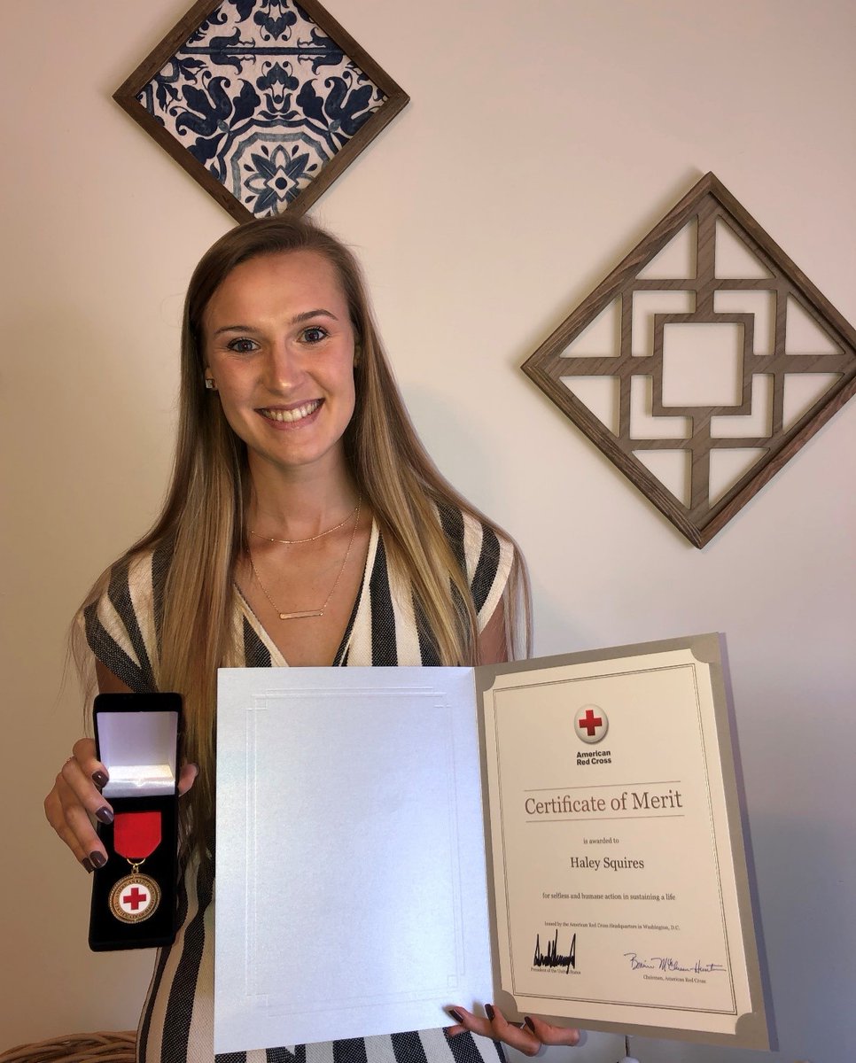 RedCross's tweet photo. In February, due to her quick thinking and Red Cross training, Haley Squires helped sustain a person's life at her school until help arrived. She was awarded our Certificate of Merit, the highest award given to a person who sustains a life by using skills learned in our classes. https://t.co/YMUi4ERWov