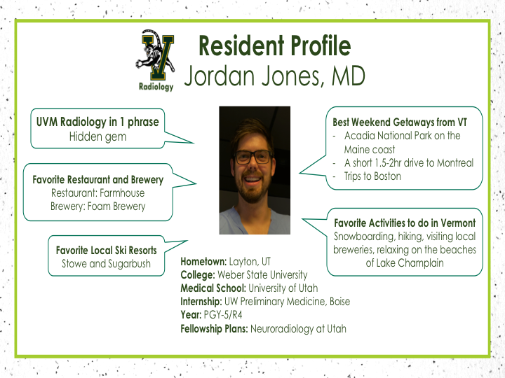 UVMradres's tweet photo. Meet chief resident Jordan Jones, who will be taking his talents back to Salt Lake next year to complete a neuroradiology fellowship @UofURadiology! #profileseries #radres #futurerades #neuroradiology https://t.co/HzrG9m9I6V