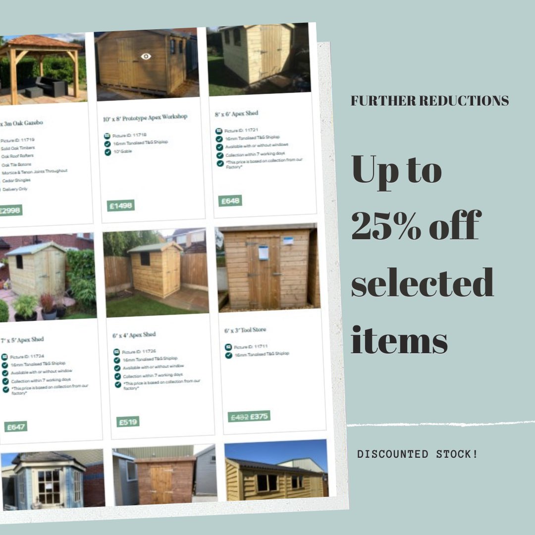 📣 UP TO 25% OFF SELECTED ITEMS 📣 

We have refreshed our sale page with further reductions on our beautifully crafted garden buildings! 

Take a look at our current list of discounted buildings here: olympiangardenbuildings.co.uk/sale/