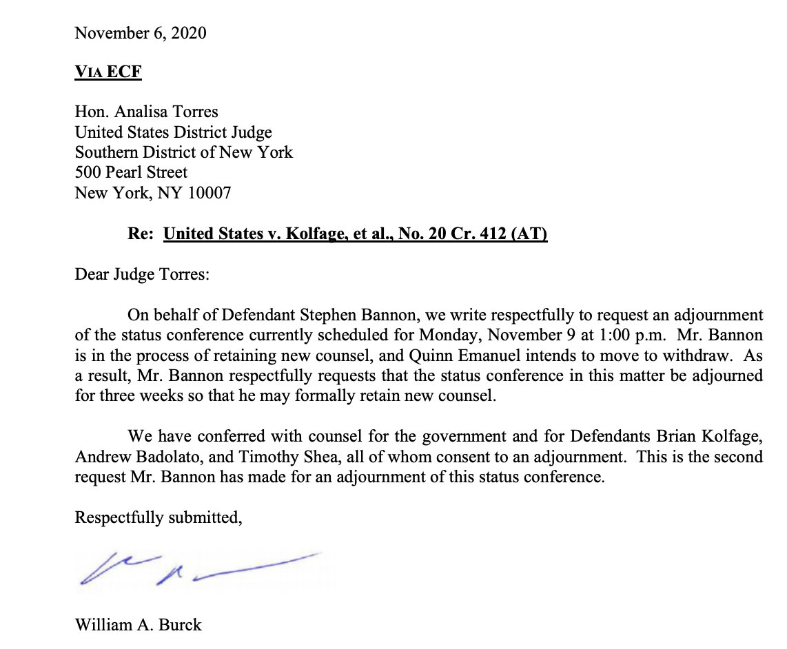 kyledcheney's tweet photo. JUST IN: William Burck notified a court he intends to withdraw as BANNON's attorney.

He's represented Bannon (as well as McGahn and Priebus) through years of Russia-related investigations.

(h/t @joshgerstein) https://t.co/GTuqSPGhKz