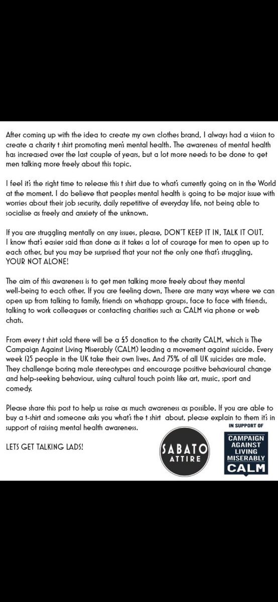 SabatoAttire's tweet photo. 🚨NEW RELEASE 🚨

ONLINE NOW https://t.co/IO4pWp3jNr

Our release of a t shirt to raise awareness for men’s mental health, from every sale we will be donating £5 to the charity @theCALMzone 

See statement in second photo on the reasons why we are doing this.

LETS GET TALKING https://t.co/cehagUdRkd
