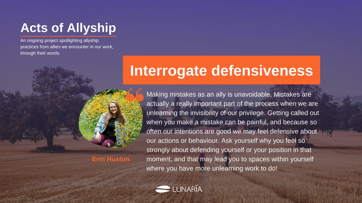 belunaria's tweet photo. "Mistakes are actually a really important part of the process when we are unlearning the invisibility of our privilege" shares Erin Huston, public educator at @bodybravecanada for #ActsofAllyship.
View the blog and Erin's full practice of allyship https://t.co/eSk67ymnbZ https://t.co/0PD59uufVq