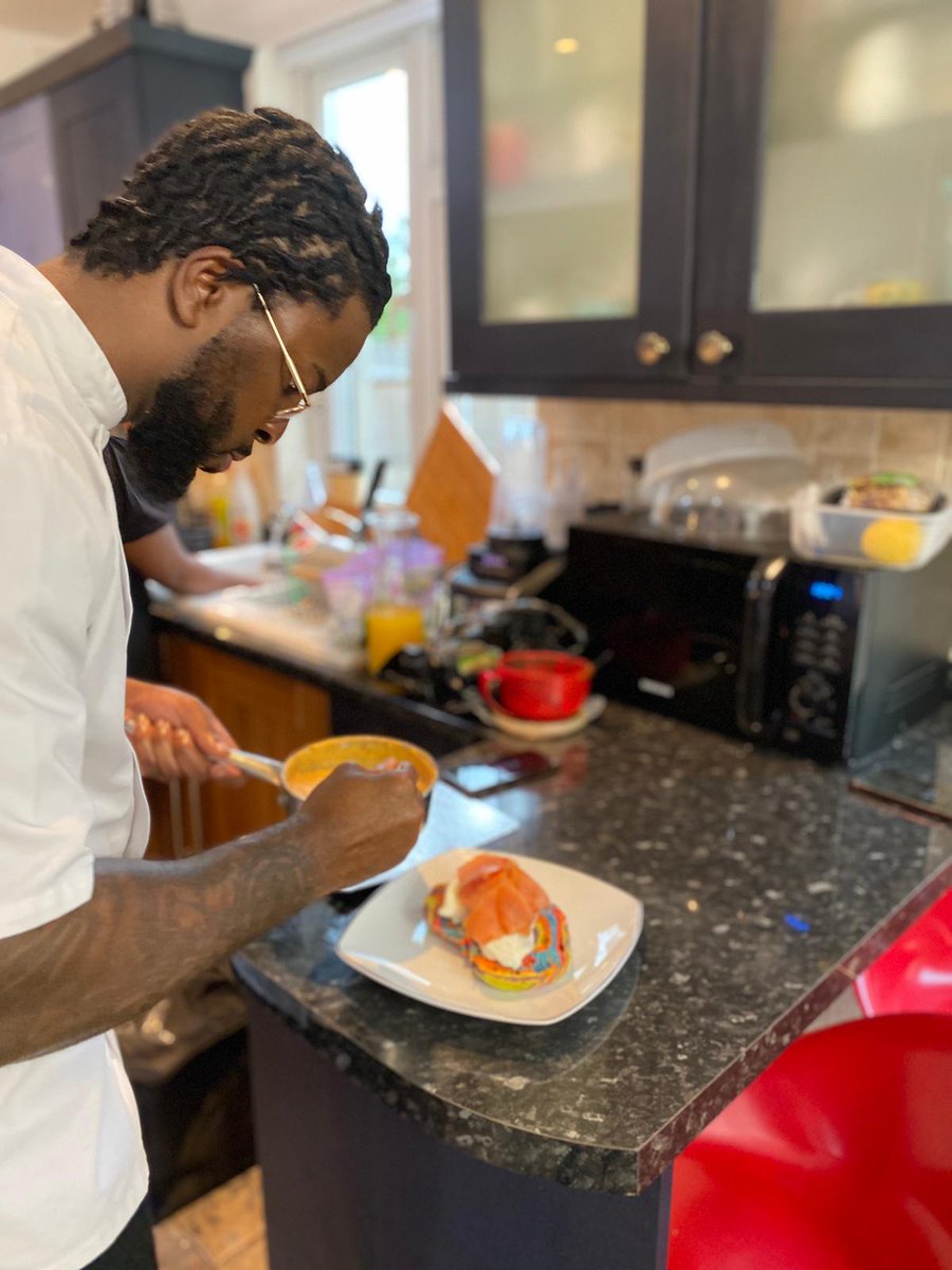 Chefvivianj's tweet photo. Brunch dish from @ambitious_mums launch. Eggs Benedict with a twist- Rainbow Bagel, Poached Eggs, Smoked Salmon and a Spicy Plantain Puree. 

This was inspired by @britishbakeoff . I watched the episode where they made the rainbow bagels and was inspired to try it out myself. https://t.co/9k3b5NkqgH