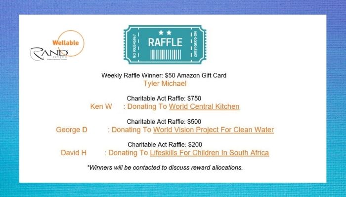 Throughout our “Wellness for a Cause” challenge, we raffled off weekly donations for individuals who completed Charitable Acts to give to an organization of their choice. 

Congratulations to our raffle winners and THANK YOU for your dedication to helping your communities!