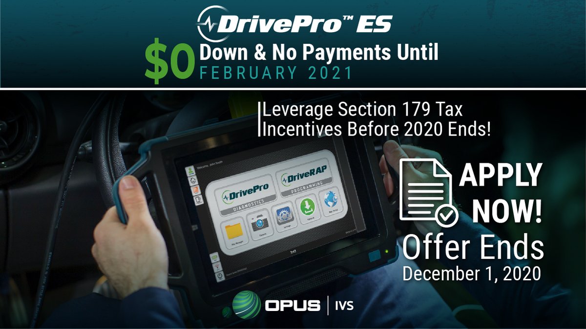 OpusIVS_US's tweet photo. Diagnose the problem right the first time, every time with DrivePro ES. $0 Down & No Payments Until Feb 2021. Apply Now! https://t.co/d5ywYayefB
#OpusIVS #DriveProES #IVS360 #autorepair #Automotive #mechanic #autoshops #TechTips https://t.co/V71TPFEZvH