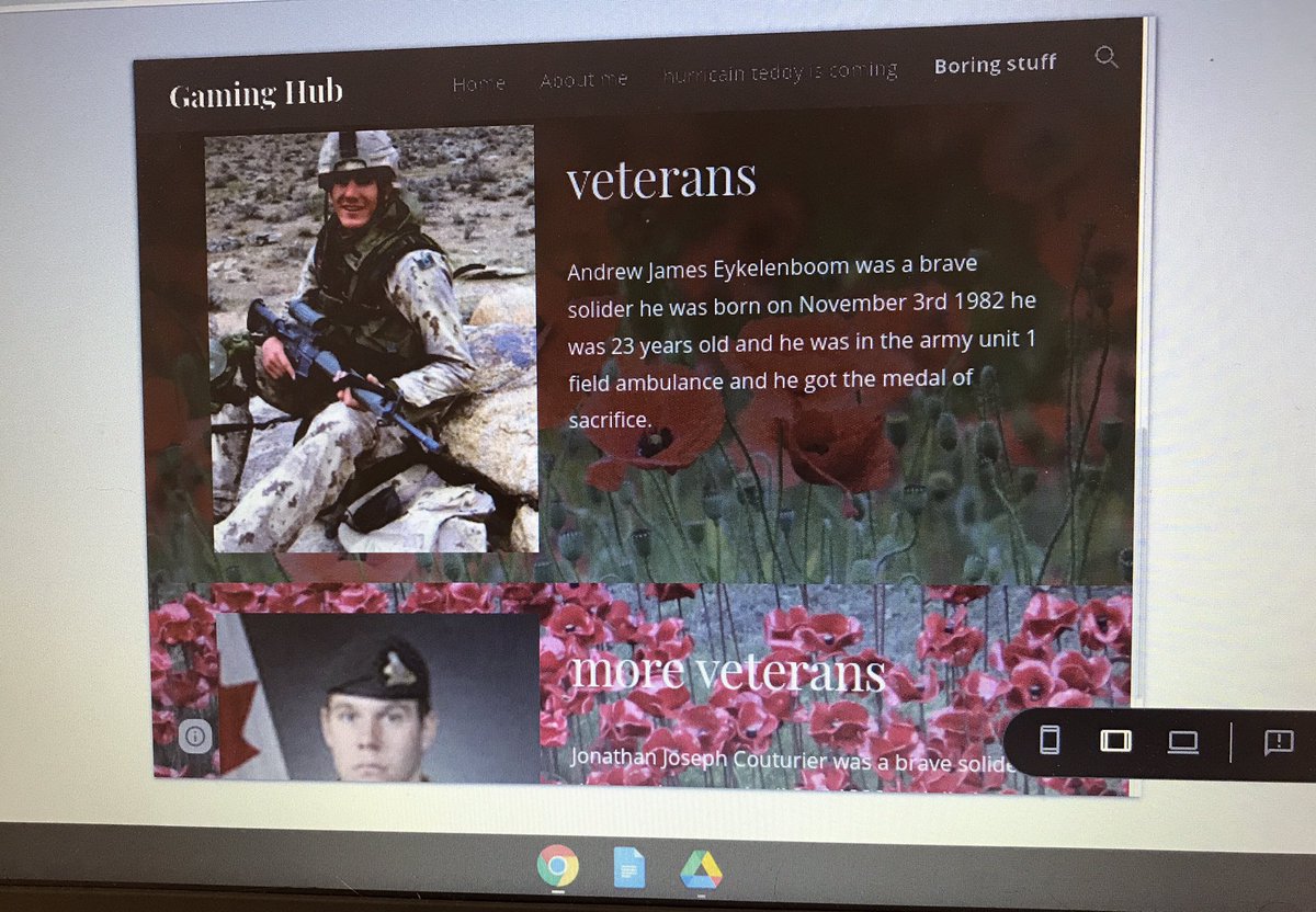 MrsJBragg's tweet photo. Today Ss researched Cdn soldiers that died while serving in Afghanistan, and posted about them in their blogs. We used the #VirtualMemorial on the @VeteransENG_CA site. Good chats around the room about their soldier, after finding news articles. #LestWeForget https://t.co/Pd4CqIgWG2