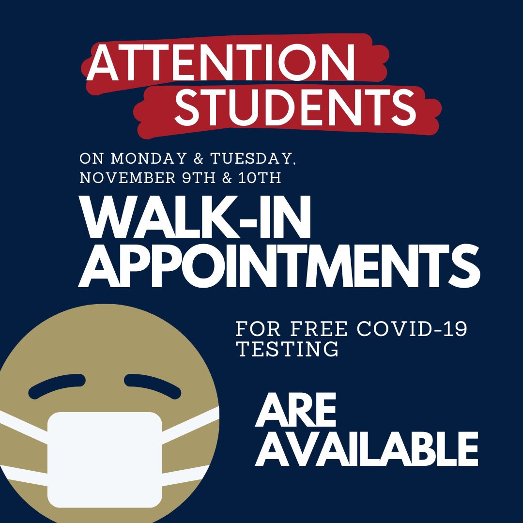 SOuRCe_UA's tweet photo. Attention Students! Walk-in appointments are available this coming Monday &amp; Tuesday, November 9-10th, 2020 for FREE COVID-19 testing. 

Click the link to submit your information: https://t.co/A4ZmreKLUH https://t.co/gpXl3nRXgp