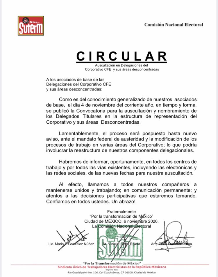 SUTERM_NACIONAL's tweet photo. Circular, 6 de Noviembre de 2020 https://t.co/eUVv8k7TIA
