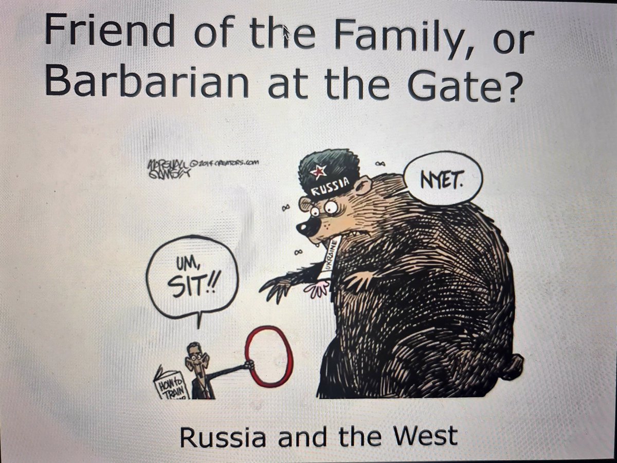 I am attending a talk by a UK diplomat on  #Russia 'Friend of the Family, of Barbarian at the Gate? Russia and the West'....read that title back to yourself and then look at the first slide. Intro: "Russia is pulled between East and West".... oh boy  #twitterstorians