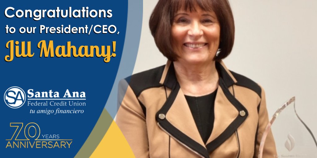 SantaAnaFCU's tweet photo. #Congratulations to #SAFCUβs President/CEO, Jill Mahany, who was selected as one of this yearβs California Credit Union League award recipients. Check out our Facebook and Instagram posts to learn more about her incredible success. π π
#ProudOfYou #HardWorkPaysOff #SantaAnaCA https://t.co/My97dtkrLf