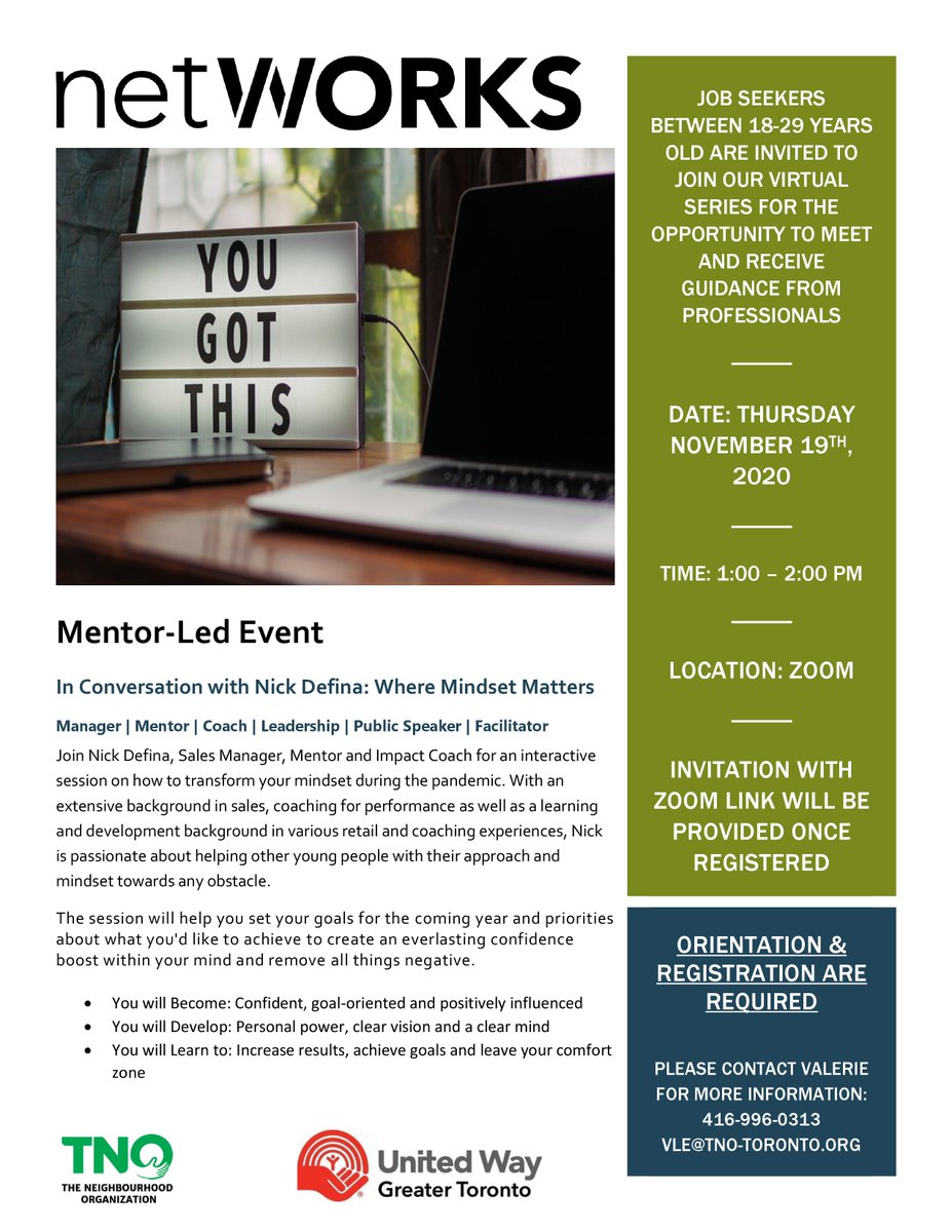 TNOtoronto's tweet photo. Join netWORKS on Fri Nov 19th from 1-2 pm for an event on Where Mindset Matters with Sales Manager, Mentor and Impact Coach Nick Defina 
@UWGreaterTO #netWORKS #mentoring #networking #coaching #MindSet https://t.co/4ETjEdP03u