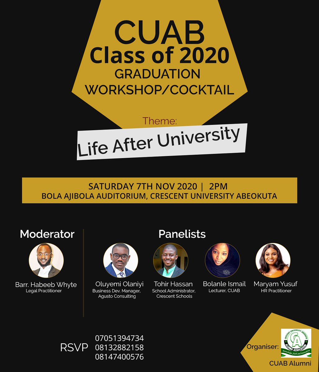 CUAB_Alumni's tweet photo. We'll be hosting a Workshop for the 2020 Graduating Class of CUAB, themed "Life After University".

This workshop aims to give perspectives into the realities of life after school while welcoming the new graduates into the #CUABAlumni. https://t.co/K2Tj6PmB07