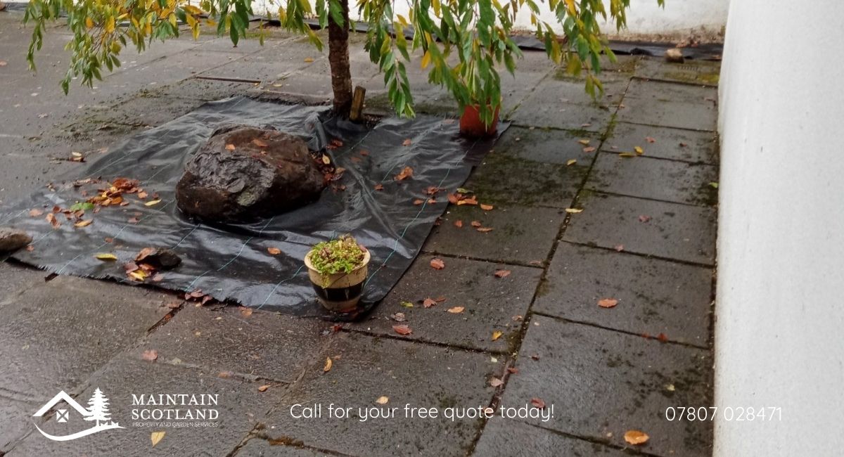 MaintainScot's tweet photo. Latest #BeforeAndAfter project. Path access from driveway to front door upgrade. Removal of weeds. Weed control membrane installed on perimeter. Flagstones set on concrete base. Area filled with buff chippings. Looks fantastic. Client delighted. #Glasgow #MaintainScotland https://t.co/RlU3Bm8IFn
