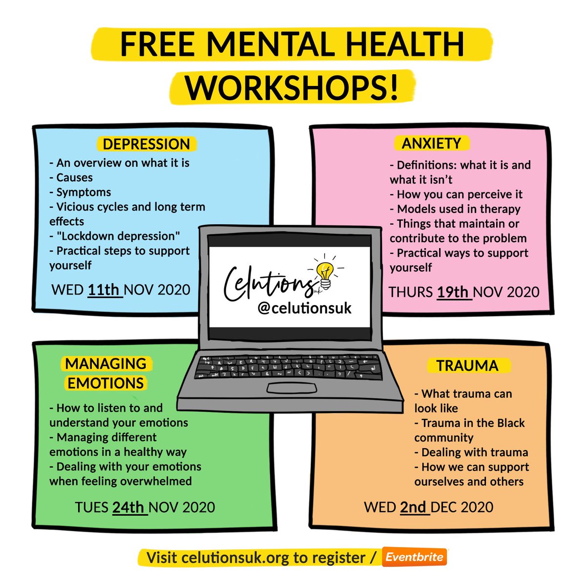 CelutionsUk's tweet photo. FREE MENTAL HEALTH WORKSHOPS!

We’re back with FOUR free online workshops coming up in Nov &amp; Dec👩🏾‍🏫

Each week, we’ll be looking at a different mental health topic: Depression, Anxiety, Managing Emotions and Trauma 📚

PLEASE RT 💛

Secure your space here: https://t.co/iVesGhE3uI https://t.co/Zj7VpkHMqf