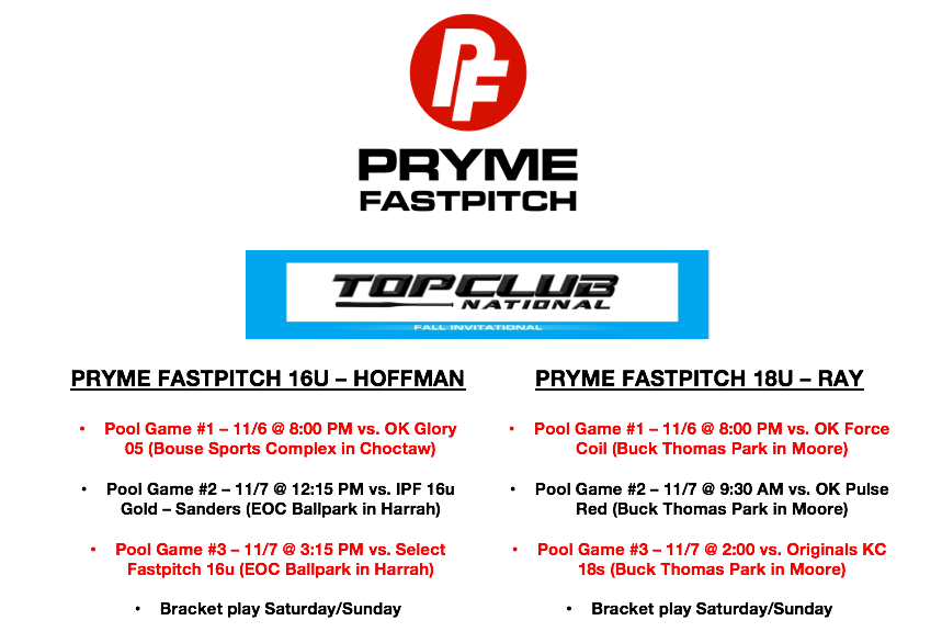 prymefastpitch's tweet image. 16u - Hoffman and 18u - Ray are both in the OKC Metro area at Top Club National this weekend.  Great competition and looks to be great weather!  Come check us out if you are in the area.  
#topclubnational
#PrymeTyme
#SweepTheSheds