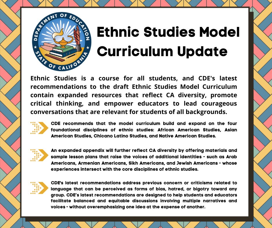 CADeptEd's tweet photo. State Supt. @TonyThurmond announced CDE will release  latest recs to #EthnicStudies Model Curriculum today w/ expanded resources that reflect CA diversity, promote critical thinking and empower educators to lead courageous convos relevant to all students.

https://t.co/eCDwzimUMP https://t.co/sDUleXxQsm