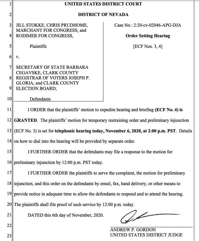 In the latest case filed by Republicans in Nevada (challenging use of computer software to check signatures and alleging lack of public access to observe counting), the judge has set a hearing for today at 2pm PST/5pm EST Prev:  https://twitter.com/ZoeTillman/status/1324563531518398464