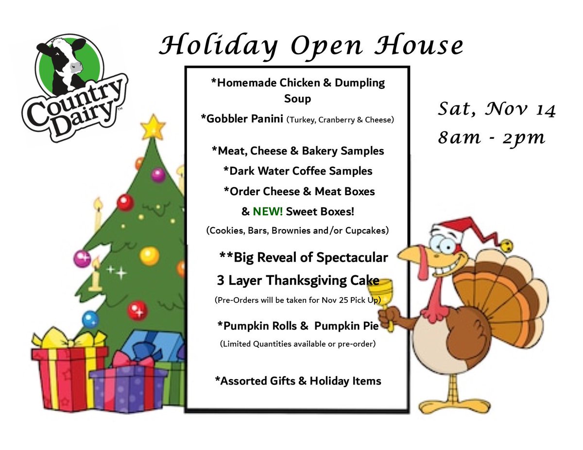 Join us for a Holiday Open House at Country Dairy’s Farm Store! 🎄❄️ 

Saturday, November 14th, 2020
8am-2pm 
3476 S 80th Ave.
New Era, MI 49446 
#madeinmichigan #PureMichigan #michiganmade