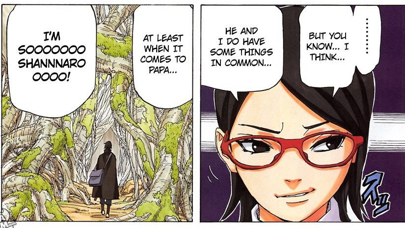 Right here Sarada knows her and Boruto have some things in common, she even smirks. She can see herself in him when it comes to dads, because she has observed him. They both had complicated relationships with their dads back then.  #SixYearsOfBoruSara