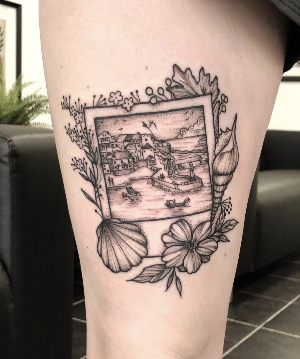 Cornish coastline in a polaroid for Ellie by @rebeccy_tattoos  #emeraldtattoocompany #emeraldtattoo #talbotgreen #pontyclun #rct  #southwales #polaroidtattoo #polaroid #polaroidpicture #cornwall  #cornishcoastline #floraltattoo #landscapetattoo #tattooart ..., image size:1003x1200