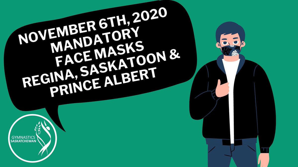 Just a reminder masks are now mandatory in public indoor spaces in Regina, Saskatoon &amp; Prince Albert as per <a href="/SaskHealth/">Saskatchewan Health Authority</a>. This includes gymnastics facilities, except when athletes are engaging in physical activity. #StopTheSpread