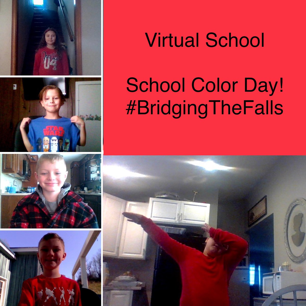 whitney3rd's tweet photo. We love spirit days even in the virtual world! So happy to see all the school color today! SGF/GF Virtual School #BridgingTheFalls https://t.co/WSyWzSDfjh