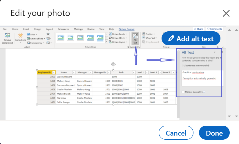 elmothanaa's tweet image. ا #Alt_Text  
 هل انتبهت لهذه العبارة من قبل؟

هذا الحقل يستخدم لتسجيل بعض المعلومات التوضيحية لغرض قرائتها بصوت مسموع لذوي الاحتياجات الخاصة كالمكفوفين، بحيث عندما يتصفح المكفوف صفحات (LinkedIn) او (Facebook) مثلا يقوم التطبيق بقراءة هذه النصوص المخزنة في حقل (Alt text) للصور