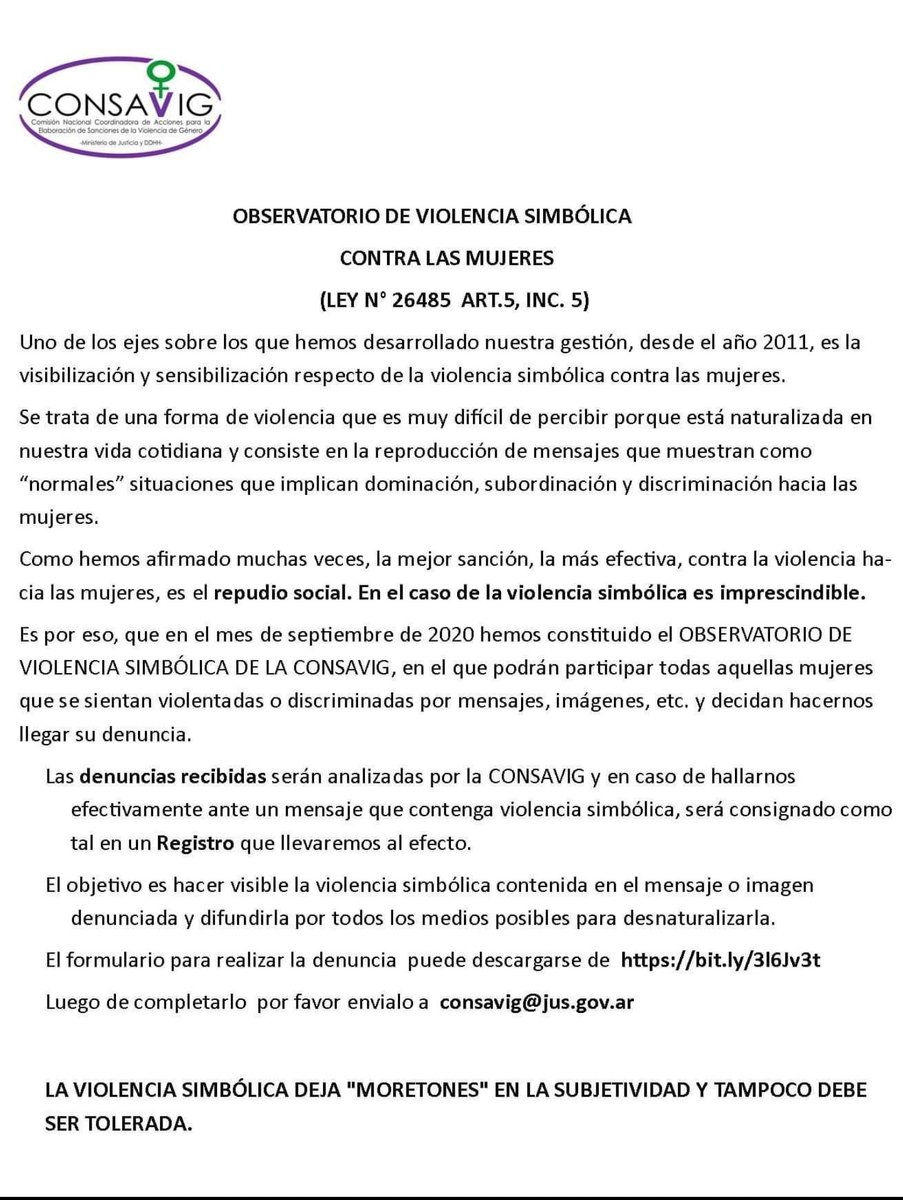 PerlaPrig's tweet photo. #Observatorio #de #Violencia #Simbólica de la #CONSAVIG.
Porque la violencia simbólica deja "moretones" en la subjetividad, tampoco debe ser tolerada.
Podés enviar tu denuncia para visibilizarla y desnaturalizarla.
Para eso descargá el formulario desde https://t.co/lkPFBJeTpl https://t.co/eeTdXCYajl