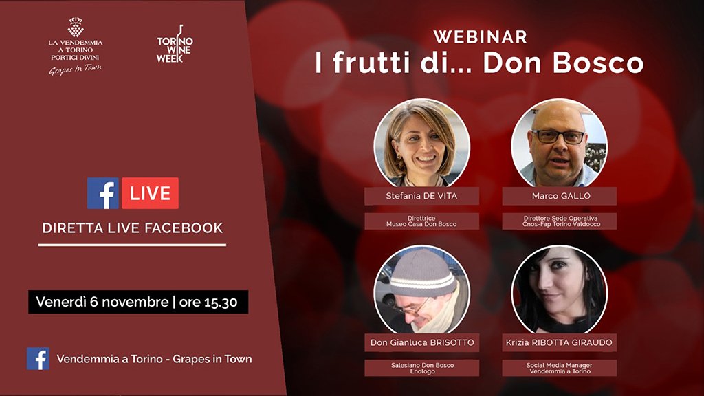 WEBINAR "I FRUTTI... DI DON BOSCO"
Partendo dalla (ri)scoperta dei vini del Santo, una riflessione sui frutti che ha lasciato ai giovani d'oggi.

<a href="/regionepiemonte/">Regione Piemonte</a>
<a href="/CamComTorino/">Camera Commercio TO</a>
<a href="/torinopiemonte/">VisitPiemonte.Regional Marketing and Promotion</a>
<a href="/turismotorino/">Turismo Torino</a>
<a href="/AISPiemonte/">AIS Piemonte</a>

fb.watch/1BmTtB3IAS/