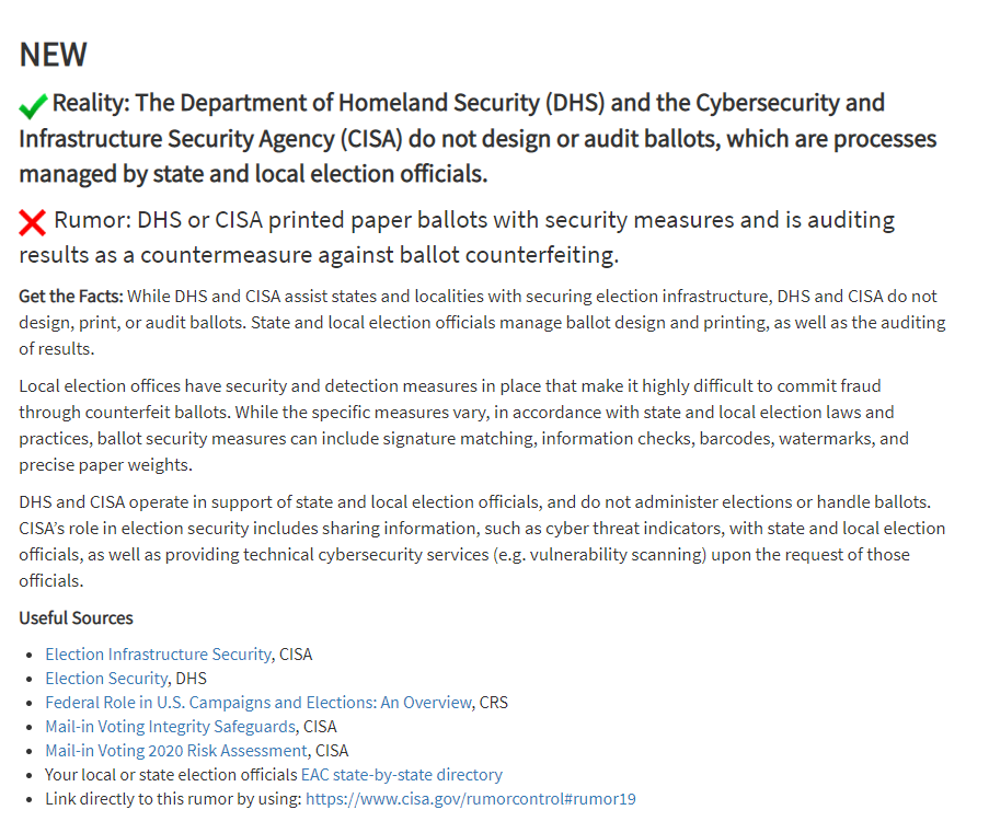 Chris Krebs #Protect2020 (@cisakrebs) on Twitter photo 🚨Rumor Control Update🚨 Contrary to #disinfo floating around, <a href="/CISAgov/">Cybersecurity and Infrastructure Security Agency</a> doesn't print or audit ballots! We offer <a href="/cyber/">Follow CISA's accounts: @CISAgov and @CISACyber</a> support to state & local elex officials. Don't fall for these efforts to confuse & undermine confidence in the election! cisa.gov/rumorcontrol#r… #Protect2020 🚨Rumor Control Update🚨 Contrary to #disinfo floating around, <a href="/CISAgov/">Cybersecurity and Infrastructure Security Agency</a> doesn't print or audit ballots! We offer <a href="/cyber/">Follow CISA's accounts: @CISAgov and @CISACyber</a> support to state & local elex officials. Don't fall for these efforts to confuse & undermine confidence in the election! cisa.gov/rumorcontrol#r… #Protect2020