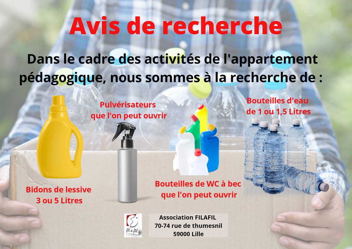SebastienWAMBRE's tweet photo. Dans le cadre des ateliers de l'appart' pédagogique, l'association a besoin de vous...
Pensez à donner une 2e vie à vos contenants de produits ménagers. C'est bon pour la planète et ça nous aide pour développer nos ateliers de produits ménagers faits maison #filafil #doityourself https://t.co/Ejo4mLTXSd