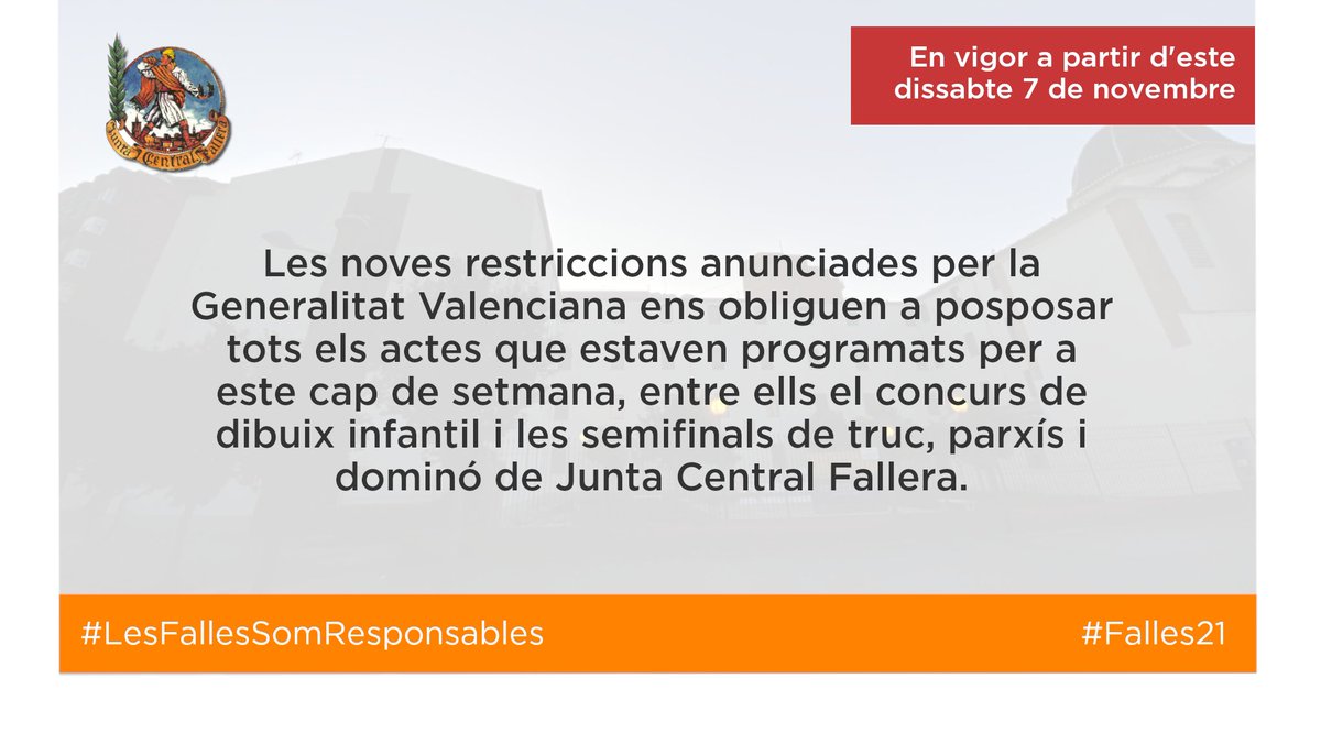 🔴📢 AVÍS

▶️ Les noves restriccions anunciades per la <a href="/generalitat/">Generalitat</a> ens obliguen a posposar tots els actes que estaven programats per a este cap de setmana, entre ells el concurs de dibuix infantil i les semifinals de truc, parxís i dominó.

#LesFallesSomResponsables