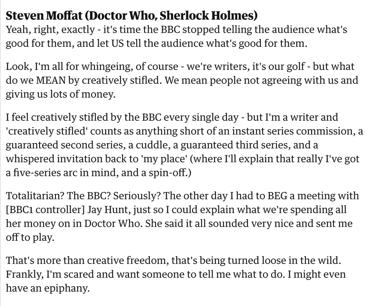 Moffat, 2009.One year before BBC Sherlock."instant series commission, a guaranteed 2nd series, a cuddle, a guaranteed 3rd series, & a whispered invitation back to 'my place' (where I'll explain that really I've got a 5-series arc in mind, & a spin-off)" https://www.theguardian.com/media/2009/jul/16/tv-writers-support-bbc-drama