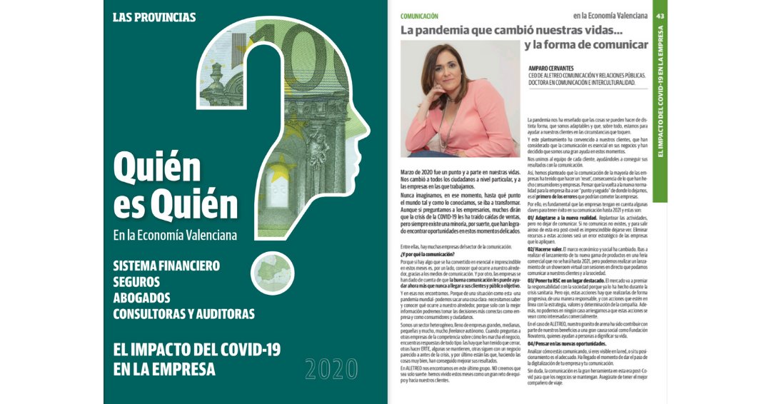 ALETREO (@aletreo) on Twitter photo Nuestra CEO, <a href="/AmpaCervantes/">Amparo Cervantes</a>, entrevistada para el especial "Quién es quien" de <a href="/lasprovincias/">LAS PROVINCIAS</a>, hablando sobre el impacto de la #Covid19 en la #Empresa y en la #comunicación
➡️ No te pierdas la #entrevista completa en la página 42 online.fliphtml5.com/ulzz/irjk/ Nuestra CEO, <a href="/AmpaCervantes/">Amparo Cervantes</a>, entrevistada para el especial "Quién es quien" de <a href="/lasprovincias/">LAS PROVINCIAS</a>, hablando sobre el impacto de la #Covid19 en la #Empresa y en la #comunicación
➡️ No te pierdas la #entrevista completa en la página 42 online.fliphtml5.com/ulzz/irjk/