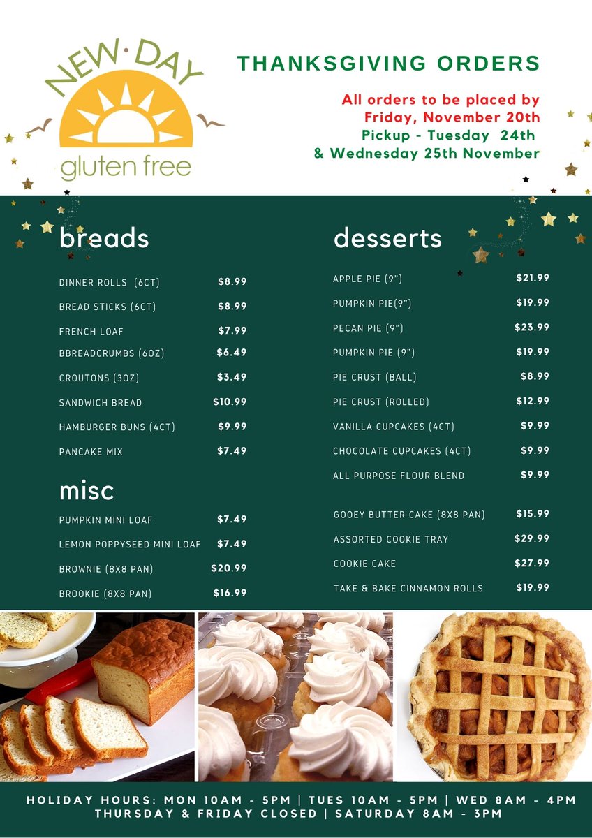 ✨*THANKSGIVING ORDERS*✨
Thanksgiving is almost here! 😍
To ensure you get your gluten free goodies, place your order by Friday, November 20th.🥳
Call 314-833-5180 to place your order. 
#thanksgiving2020 #newdaygf