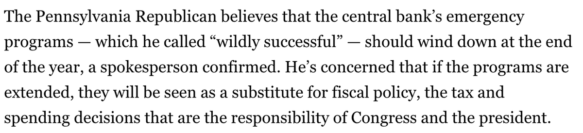 As  @vtg2 reports in this nice scoop, Senator Toomey -- who is on the oversight commission policing these things, and who could soon be Senate Banking Chair -- wants to wind these babies down.  https://www.politico.com/news/2020/11/05/toomey-calls-fed-special-loan-programs-end-434485