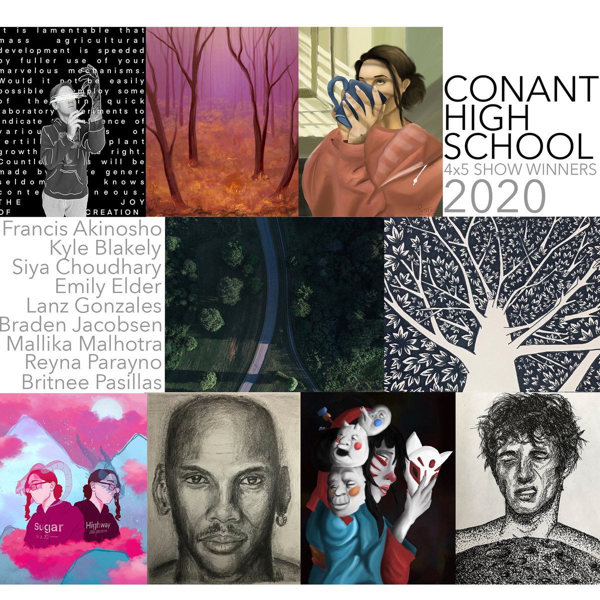 Congrats to the Conant Students who won awards at the 4x5 show and to all 30 students who got work in! This years event will be held virtually including awards reception,  online gallery and college night/workshops Nov 11th. Stay tuned for more info! <a href="/ConantCougars/">Conant High School</a>