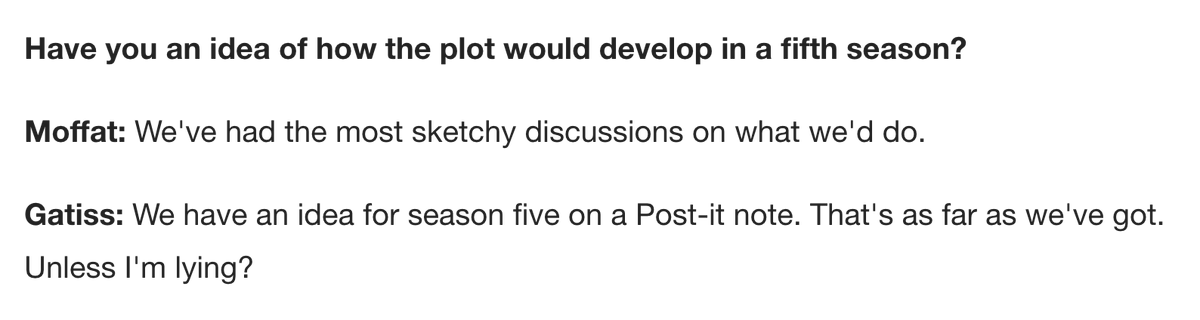 2016.Moffat: "We've had the most sketchy discussions on what we'd do."Gatiss: "We have an idea for season five on a Post-it note. That's as far as we've got. Unless I'm lying?" https://www.newsweek.com/sherlock-creators-steven-moffat-mark-gatiss-season-four-interview-536812