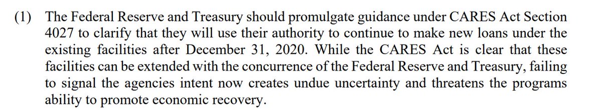 Democrats *definitely* disagree. This is from an 11/5 letter from Warner, Warren Schumer and Brown letter to Treasury Sec. Mnuchin and Fed Chair Powell.