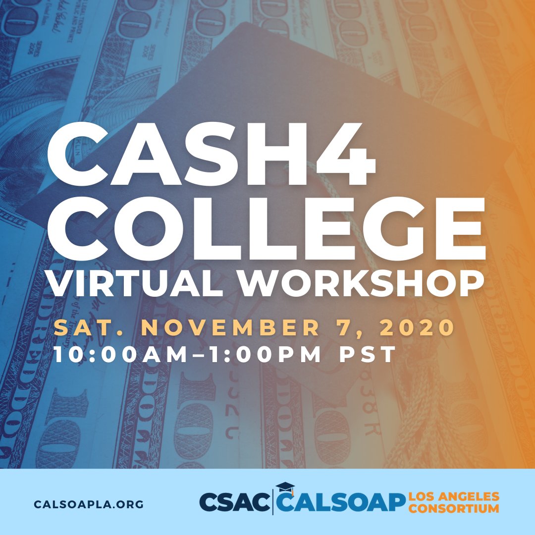 calsoapla's tweet photo. Check out our next CALSOAP LA #Cash4College virtual workshop #FinancialAid workshop on Sat. 11/7 at 10AM! Our team will help you complete your #FAFSA or #CADDA app . To register, visit https://t.co/bUlxlWRi6C #CALSOAPLIVE 💻💸
Workshop Calendar: https://t.co/kMwFX2xwwv https://t.co/kSJzRYcyoS