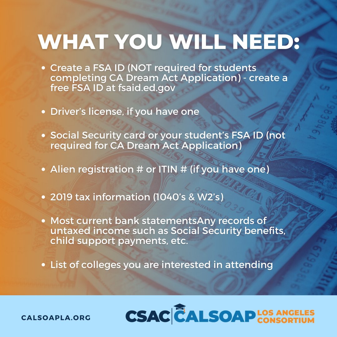 calsoapla's tweet photo. Check out our next CALSOAP LA #Cash4College virtual workshop #FinancialAid workshop on Sat. 11/7 at 10AM! Our team will help you complete your #FAFSA or #CADDA app . To register, visit https://t.co/bUlxlWRi6C #CALSOAPLIVE 💻💸
Workshop Calendar: https://t.co/kMwFX2xwwv https://t.co/kSJzRYcyoS